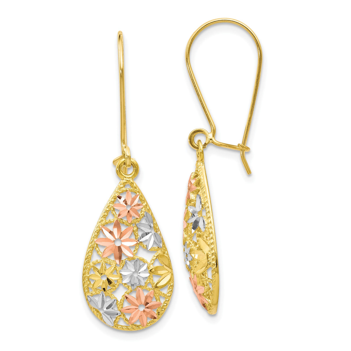 10k Yellow Gold Teardrop Dangle Earrings with Rhodium and Rose Floral Accents for Women