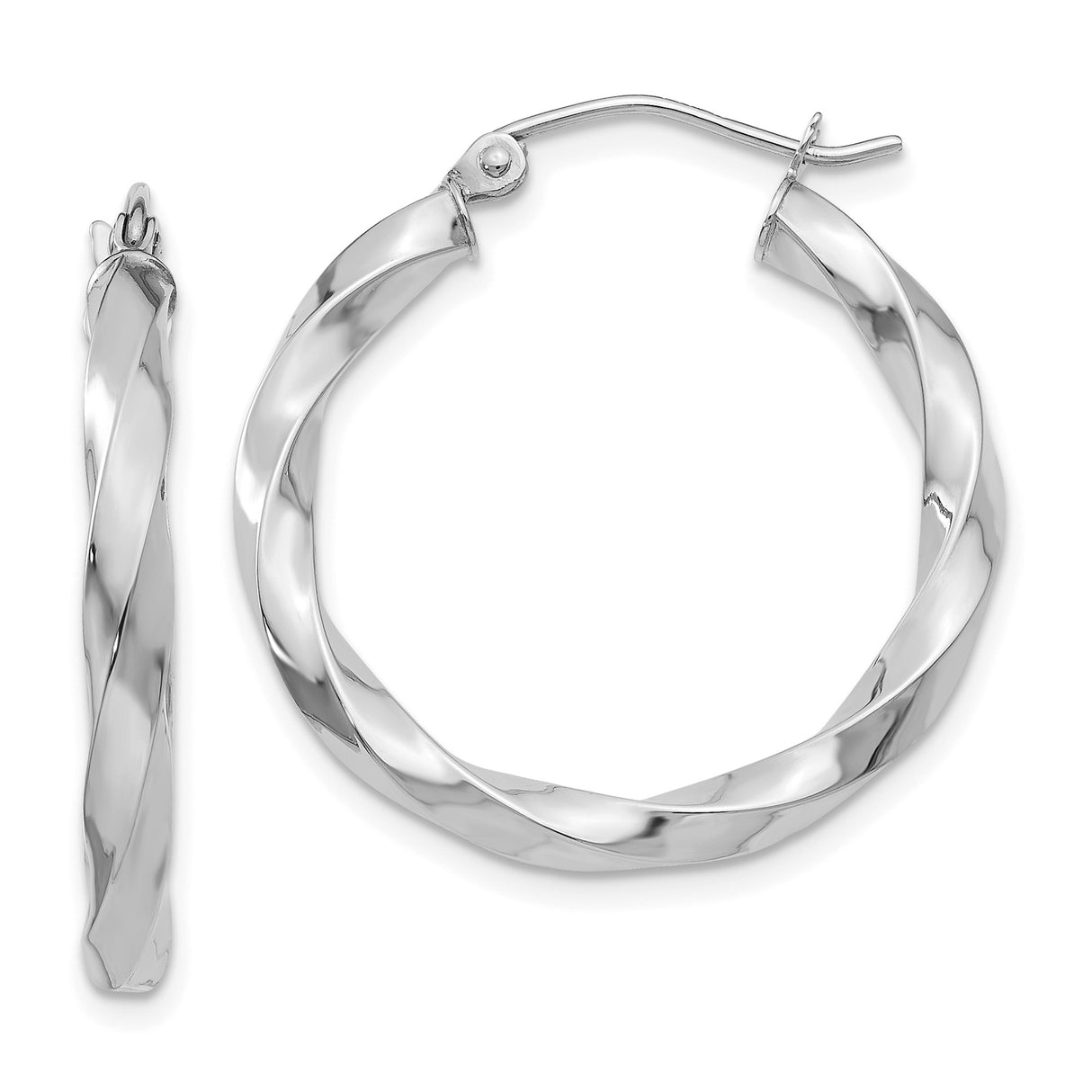 14k White Gold Twisted Hoop Earrings, Polished Finish, Medium Size, Latch Back Closure