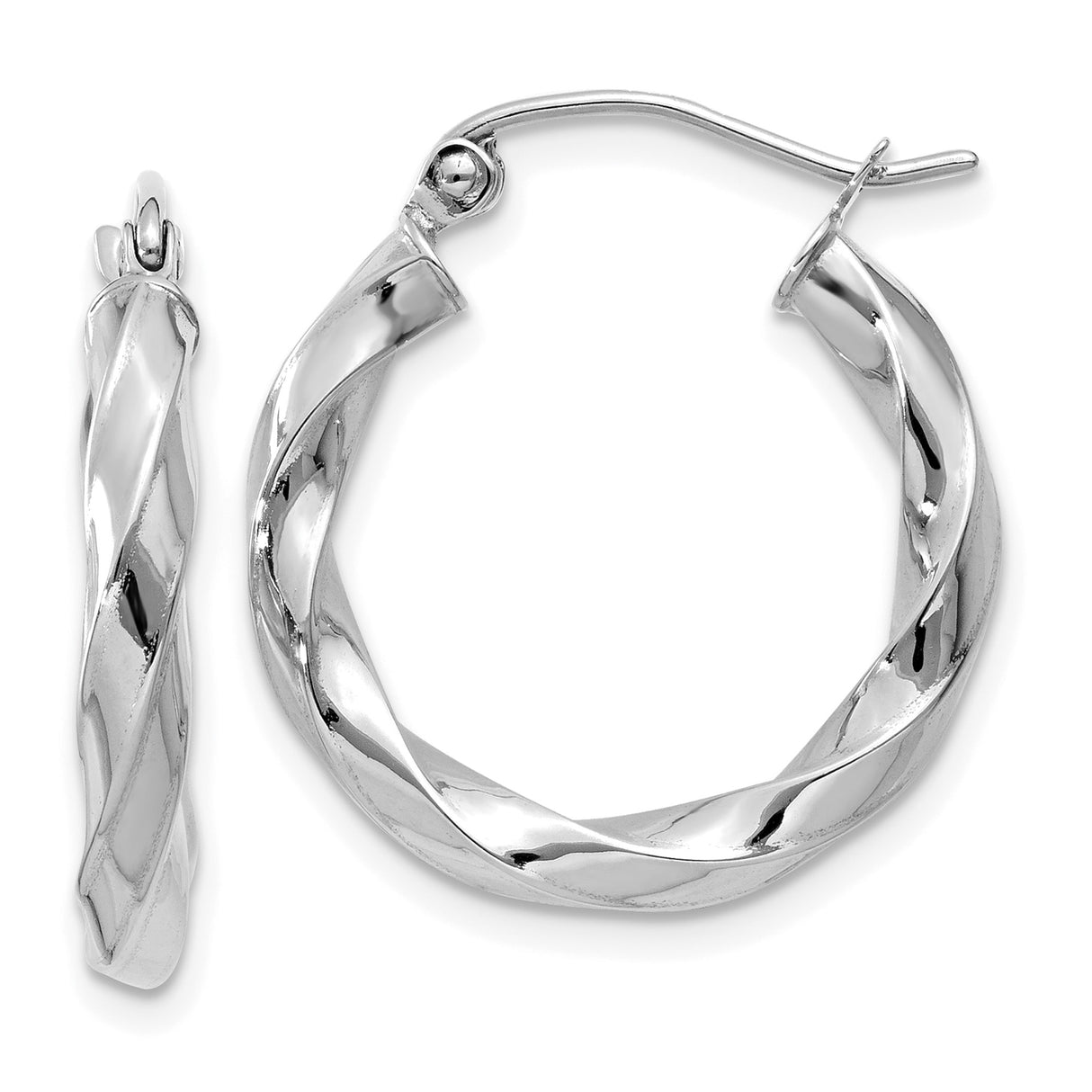 14k White Gold Twisted Hoop Earrings, High-Polish Sculpted Design, Lightweight Contemporary Style