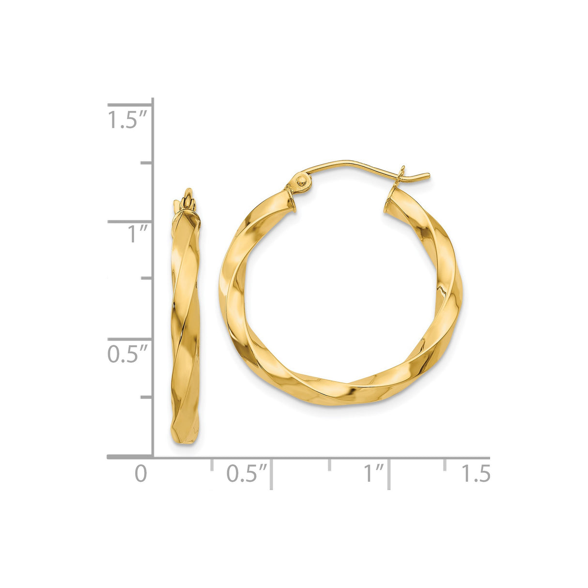 14k Yellow Gold Twisted Hoop Earrings, Polished Lightweight Medium Hoops for Women