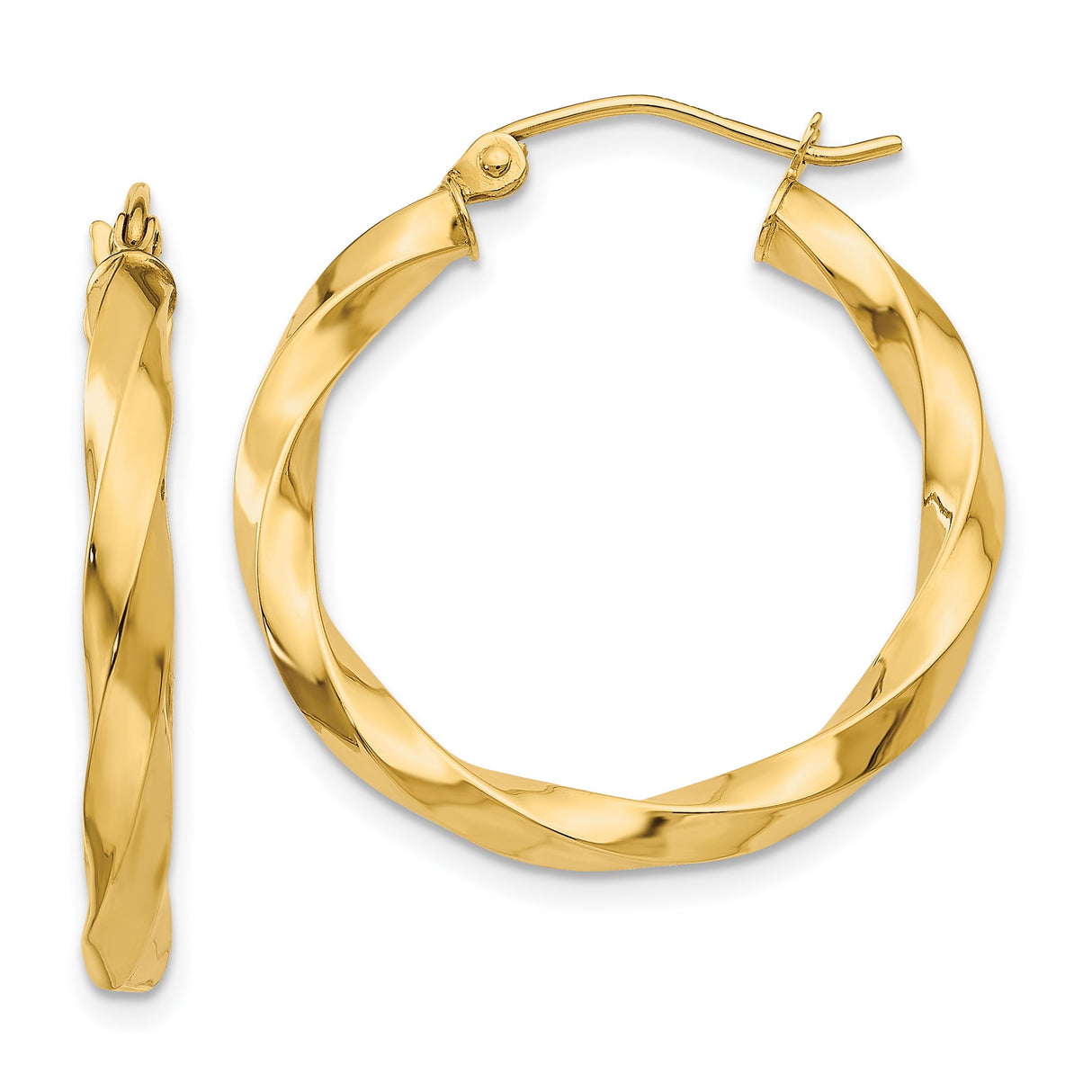 14k Yellow Gold Twisted Hoop Earrings, Polished Lightweight Medium Hoops for Women