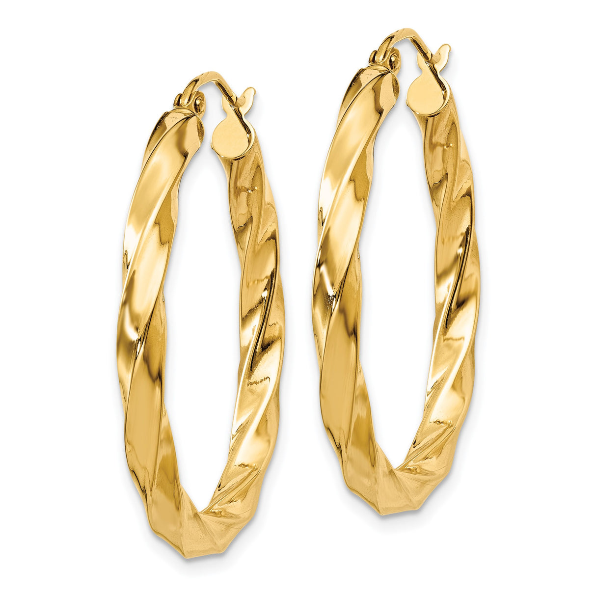 14k Yellow Gold Twisted Hoop Earrings, Polished Spiral Design with Hinged Closure