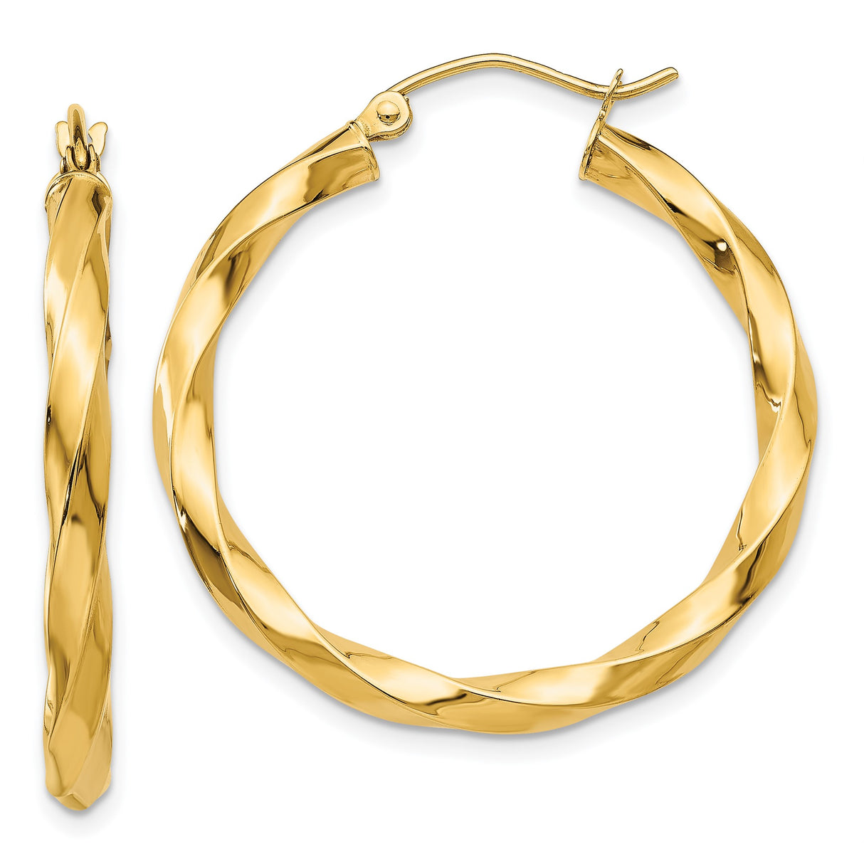 14k Yellow Gold Twisted Hoop Earrings, Polished Spiral Design with Hinged Closure