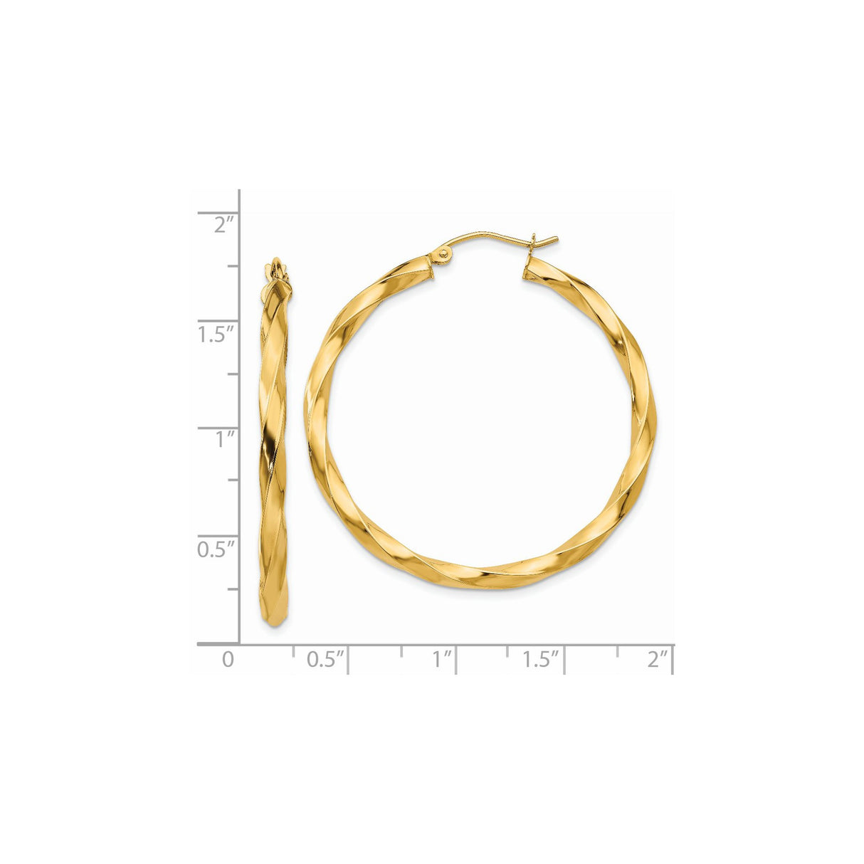 14k Yellow Gold Twisted Hoop Earrings, High Polish Finish, Latch Back Closure