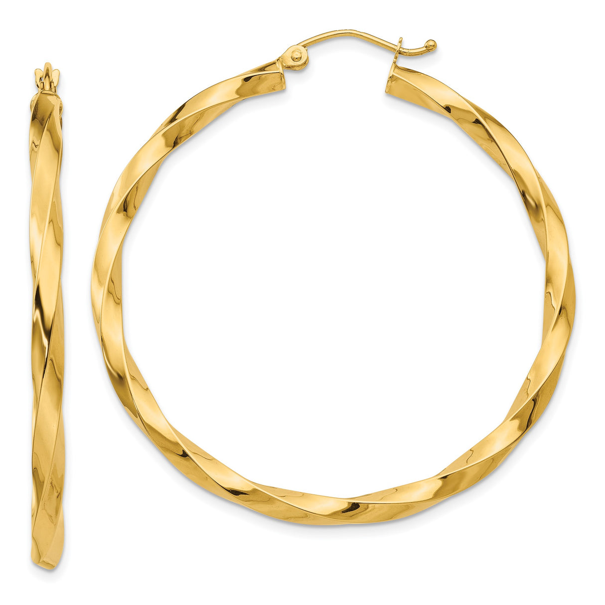 14k Yellow Gold Hoop Earrings, Twisted Design, Polished Finish, Lightweight Comfort Fit