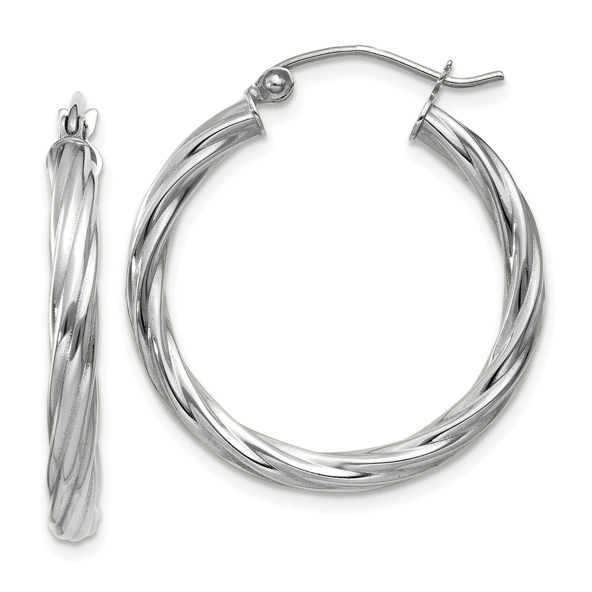 14k White Gold Hoop Earrings, Twisted Rope Design, 1 Inch Diameter, Lightweight Classic Style