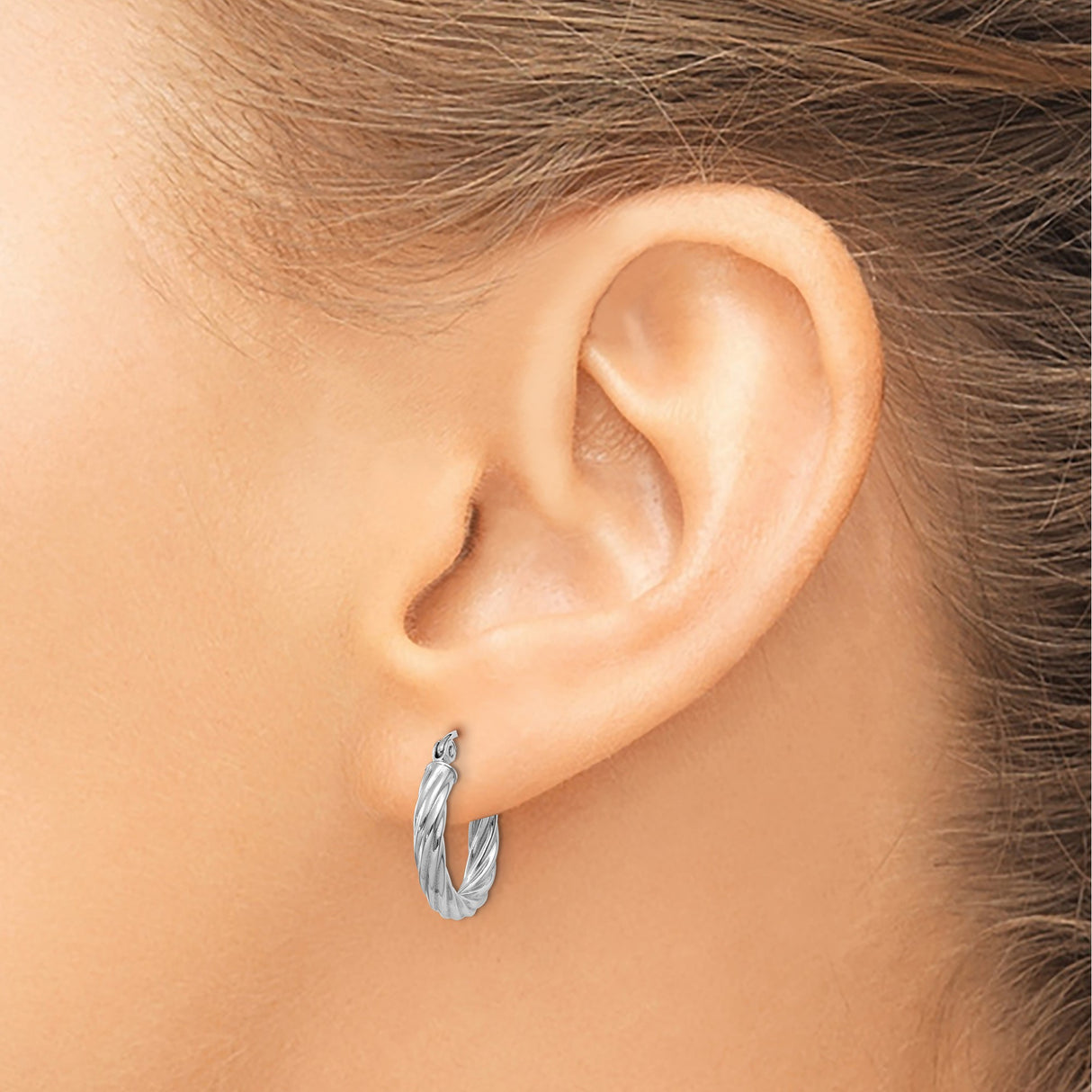 14k White Gold Twisted Hoop Earrings, Lightweight Rope Design for Women