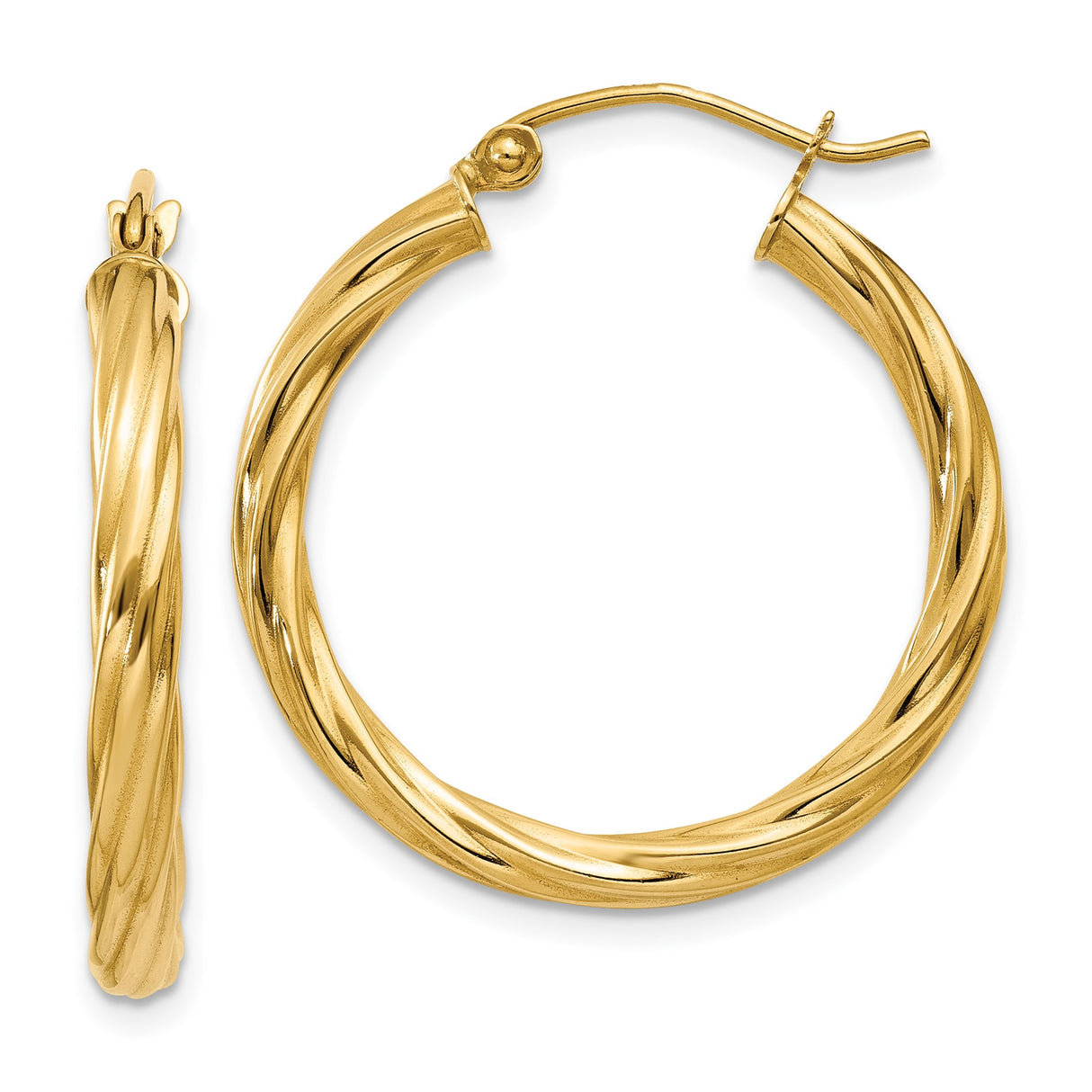 14k Yellow Gold Hoop Earrings, Twisted Textured Design with Polished Finish