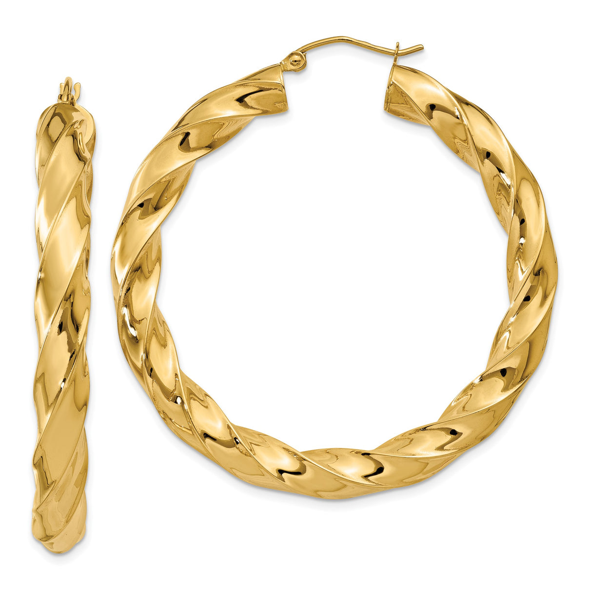 14k Yellow Gold Twisted Hoop Earrings, Large Bold Hoops with High Polish Finish