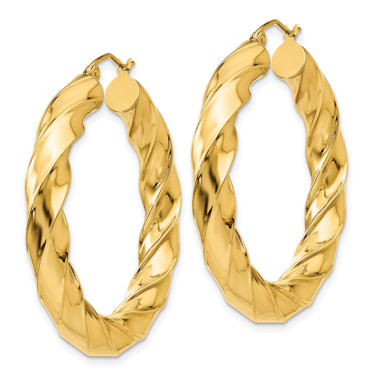 14k Yellow Gold Twisted Hoop Earrings, High Polish Textured Round Tube Design for Women