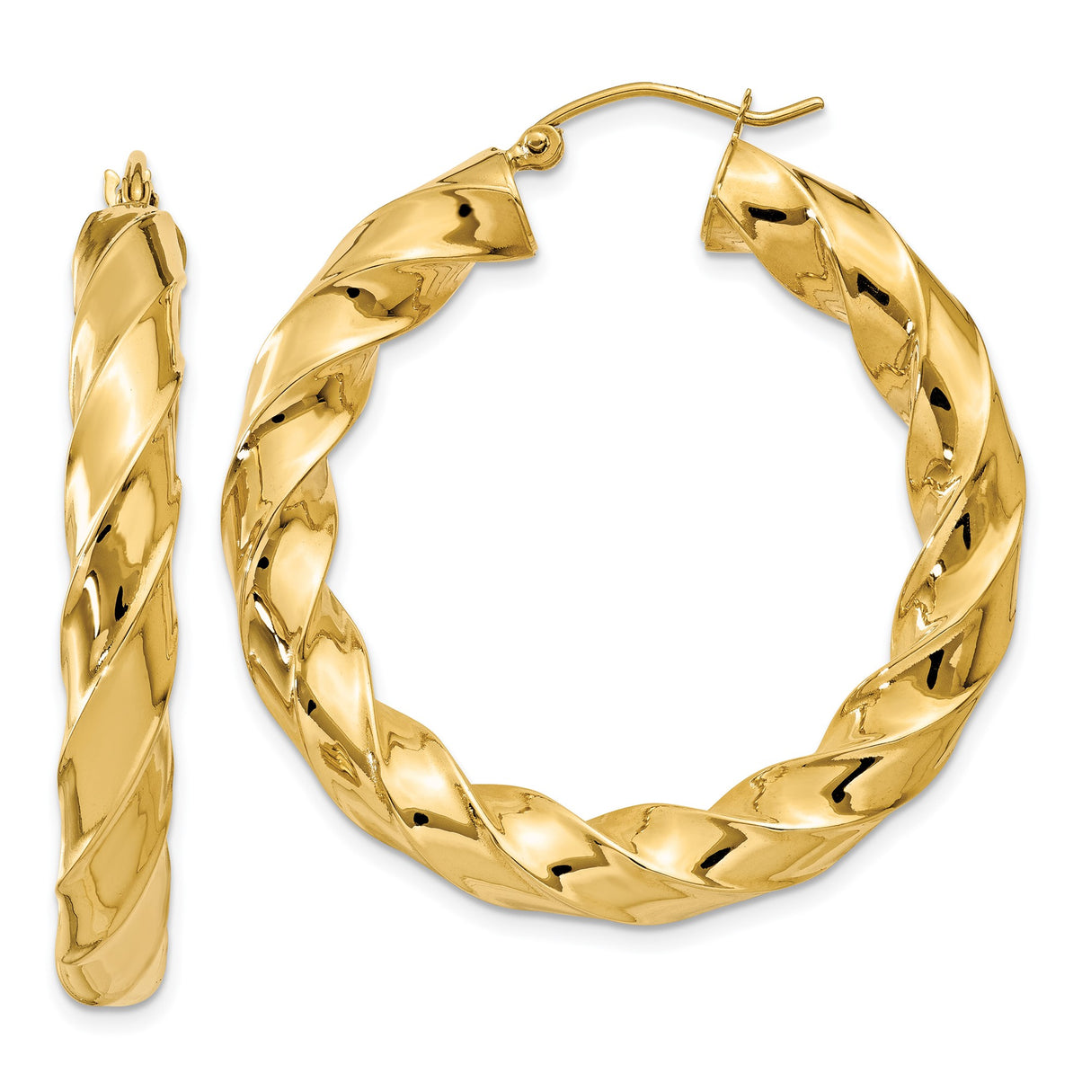 14k Yellow Gold Twisted Hoop Earrings, High Polish Textured Round Tube Design for Women
