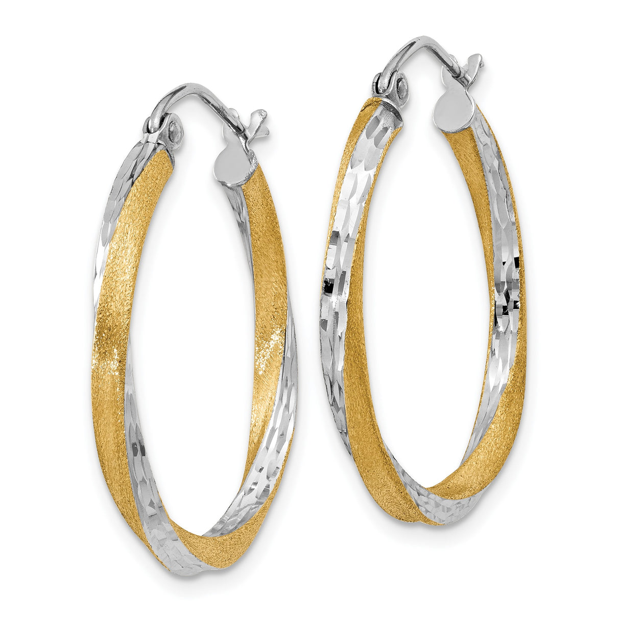 14k Yellow Gold Hoop Earrings with Twisted Design, Two-Tone Rhodium Finish, Diamond Cut, Polished