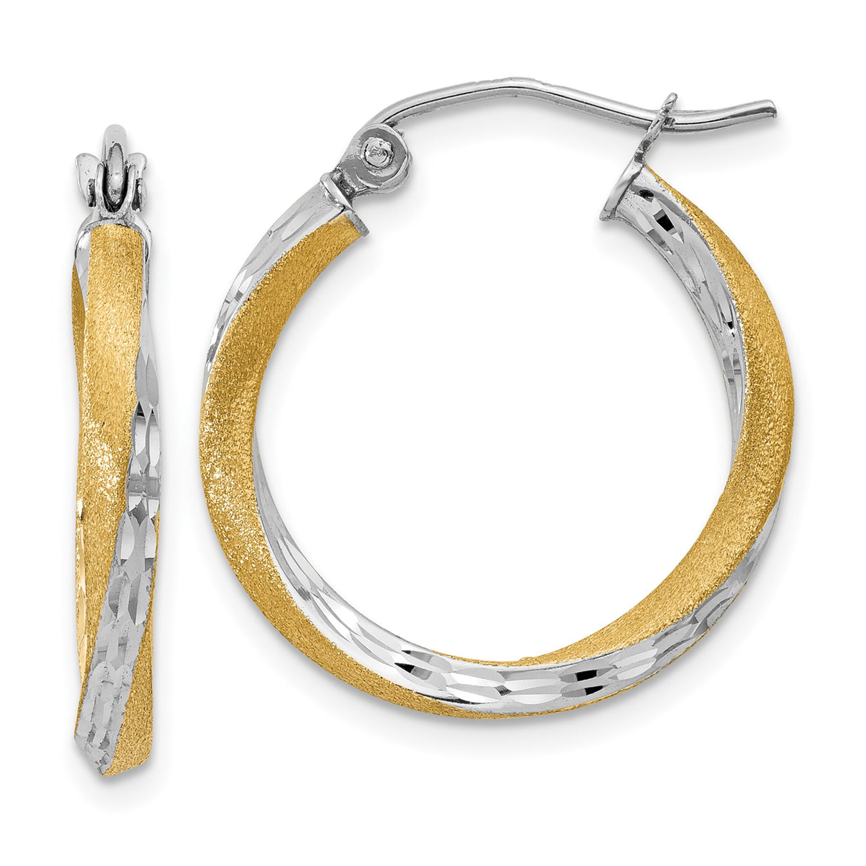 14k Two-Tone Gold Twisted Hoop Earrings with Diamond Cut Finish for Women