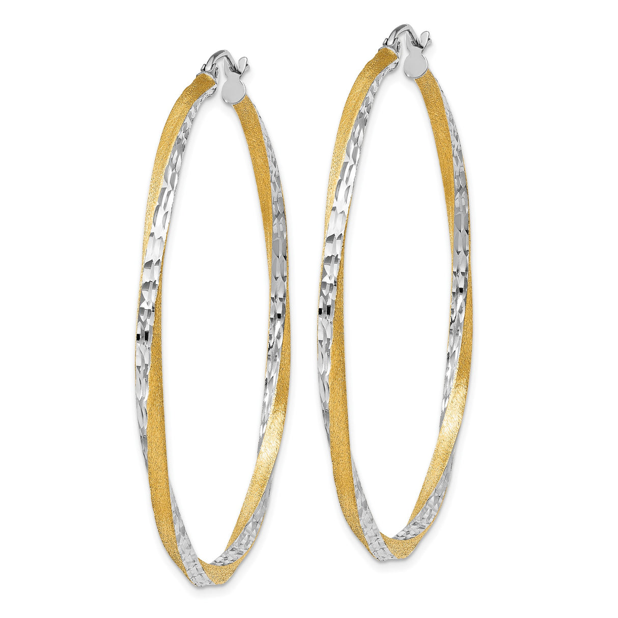 14k Yellow Gold Twisted Hoop Earrings, Two-Tone Hammered Finish, Large Lightweight Circle Design