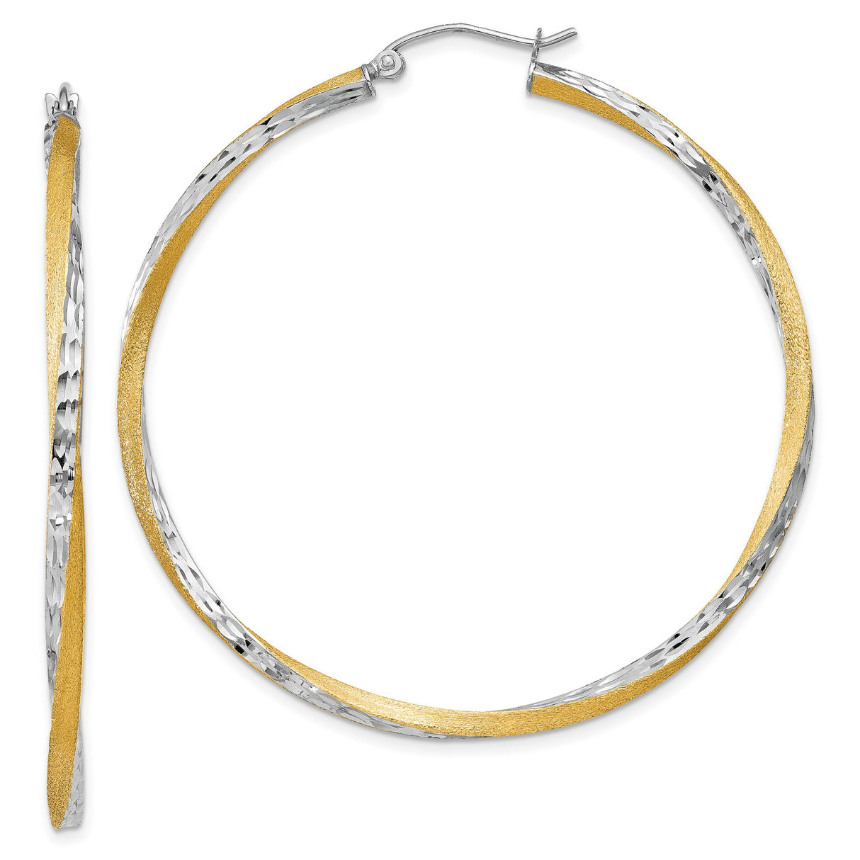 14k Yellow Gold Twisted Hoop Earrings, Two-Tone Hammered Finish, Large Lightweight Circle Design