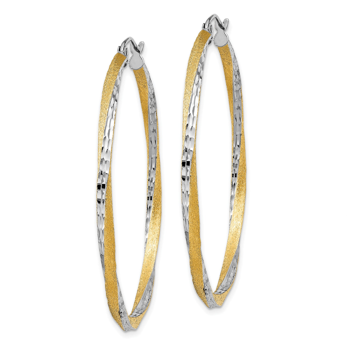 14k Yellow and Rhodium Two-Tone Gold Hoop Earrings, Diamond-Cut Textured Shimmer Finish