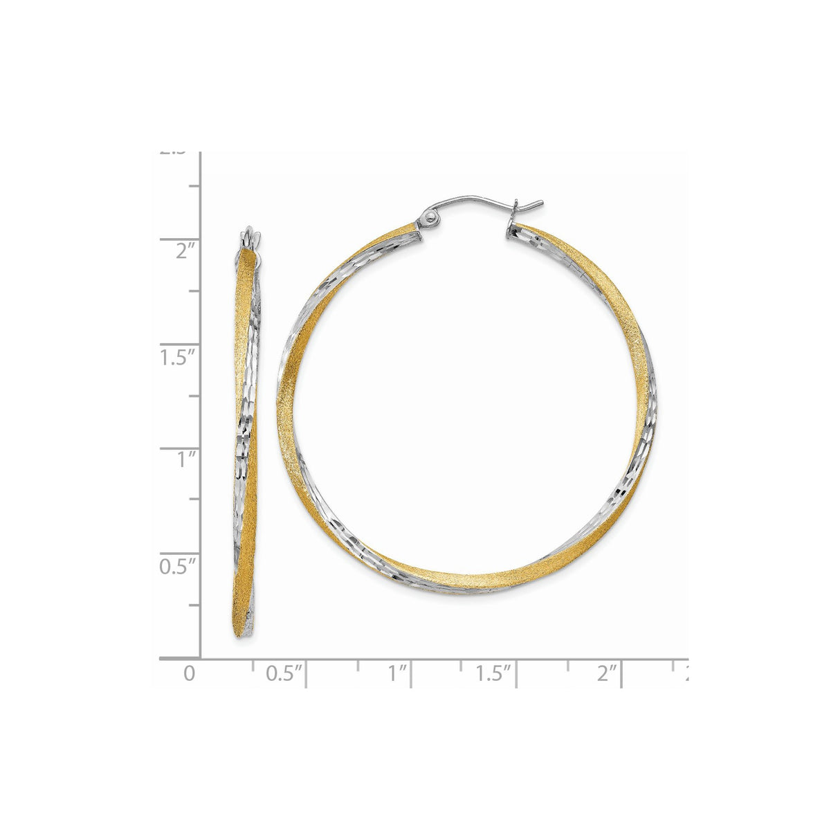 14k Yellow and Rhodium Two-Tone Gold Hoop Earrings, Diamond-Cut Textured Shimmer Finish