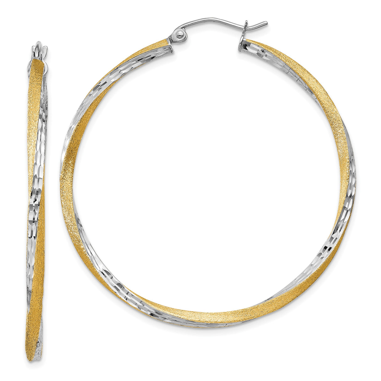 14k Yellow and Rhodium Two-Tone Gold Hoop Earrings, Diamond-Cut Textured Shimmer Finish