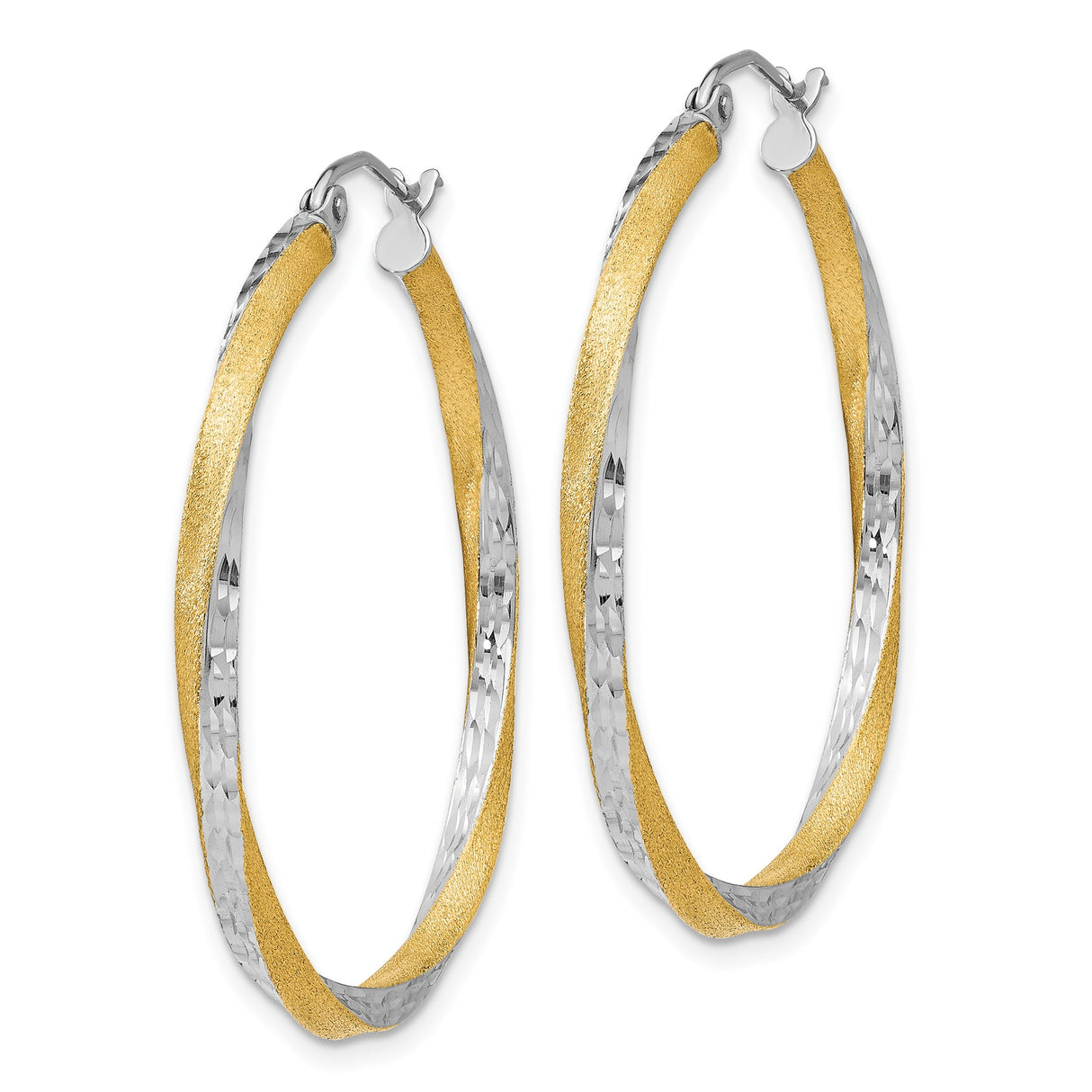 14k Yellow Gold Hoop Earrings, Diamond Cut Twisted Design with Hammered Dual Tone Finish