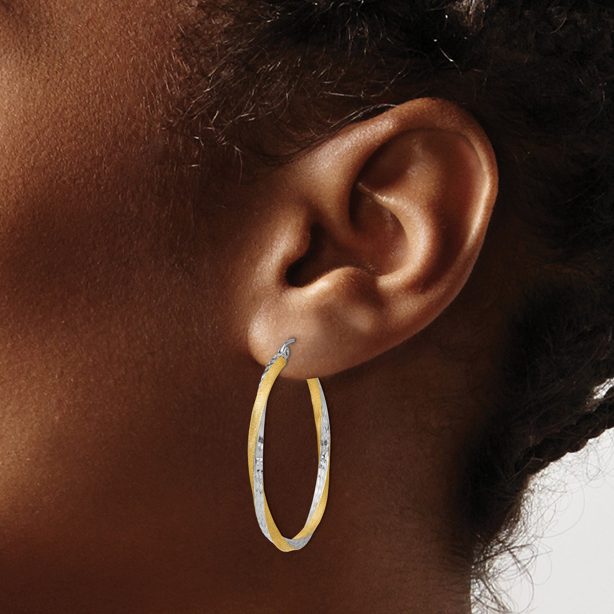 14k Yellow Gold Hoop Earrings, Diamond Cut Twisted Design with Hammered Dual Tone Finish