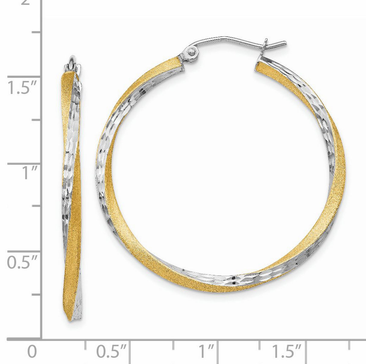 14k Yellow Gold Hoop Earrings, Diamond Cut Twisted Design with Hammered Dual Tone Finish