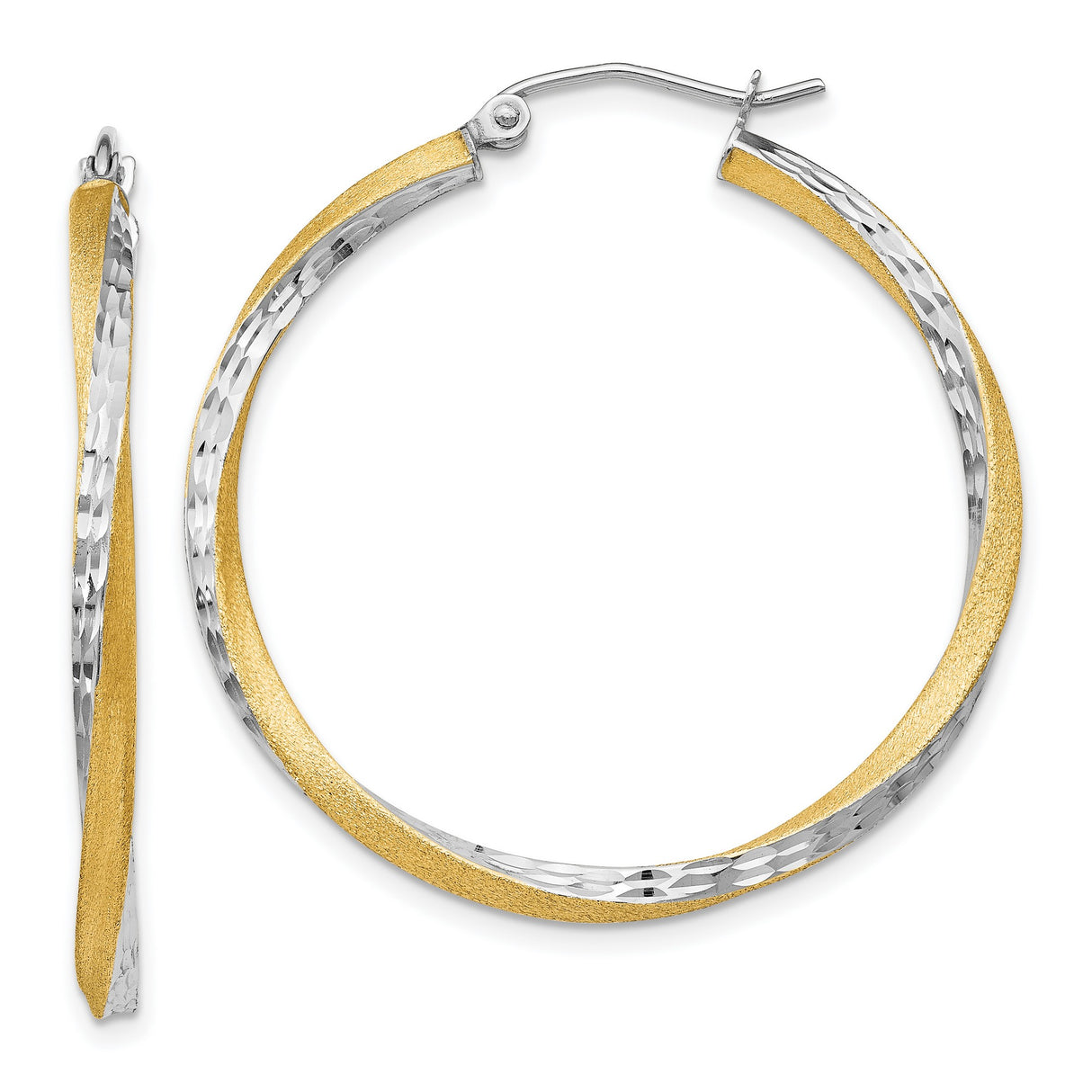 14k Yellow Gold Hoop Earrings, Diamond Cut Twisted Design with Hammered Dual Tone Finish