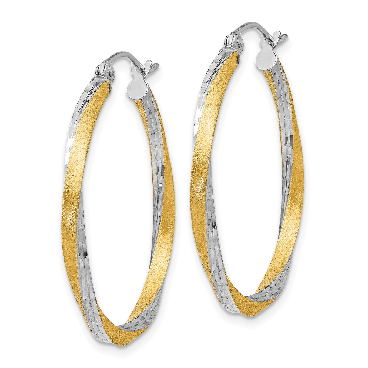14k Yellow Gold Twisted Hoop Earrings, Two-Tone Brushed and Polished Round Design