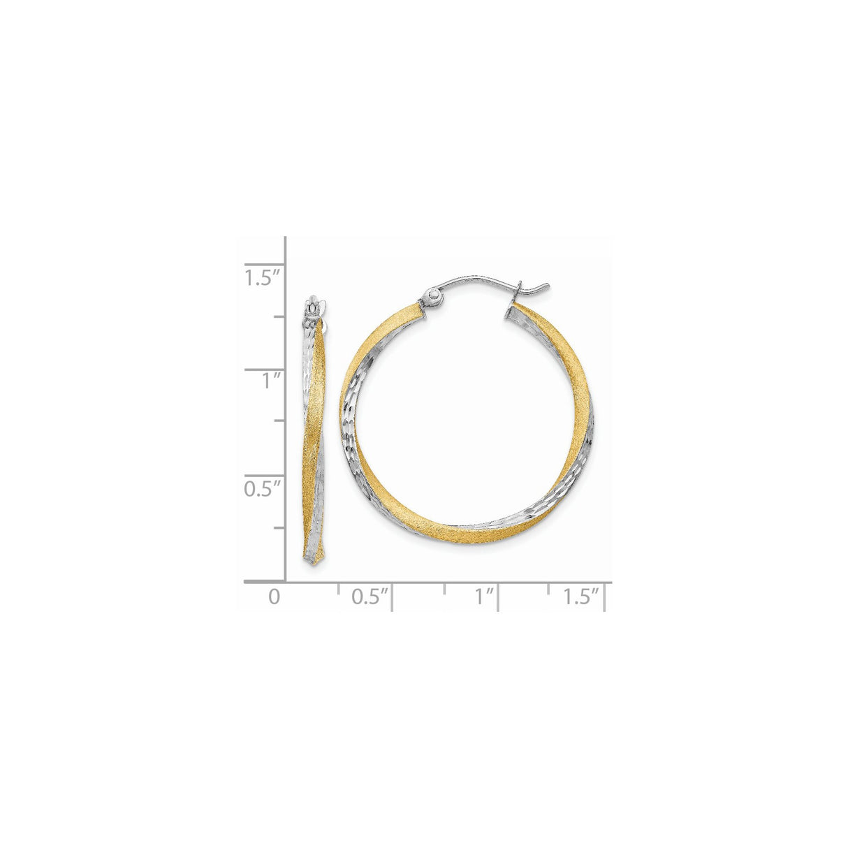 14k Yellow Gold Twisted Hoop Earrings, Two-Tone Brushed and Polished Round Design