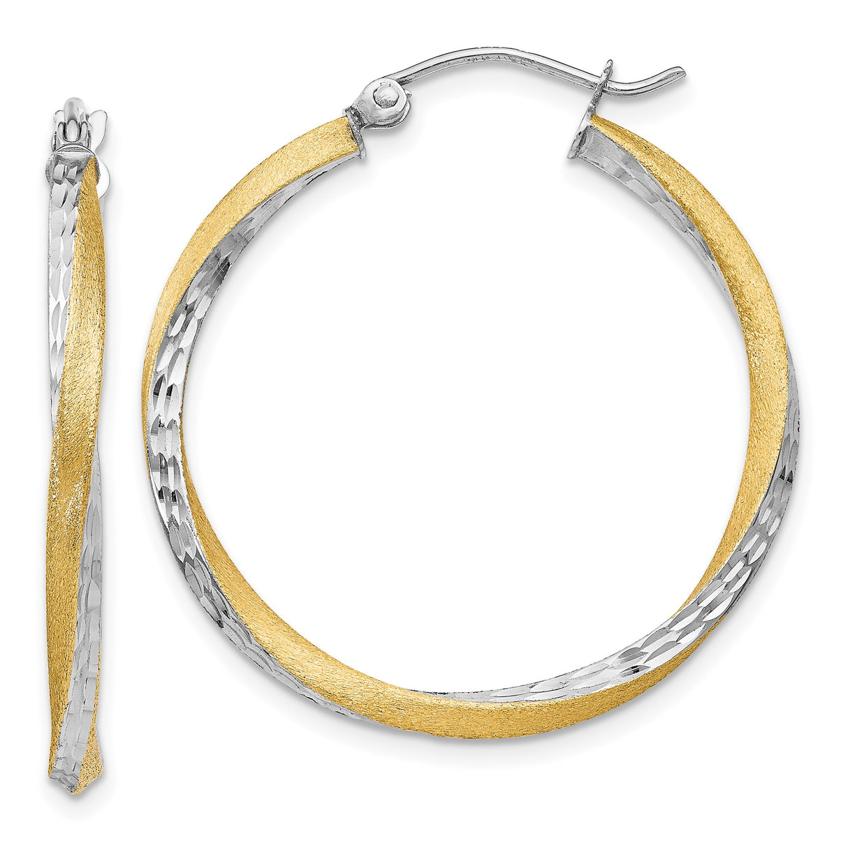 14k Yellow Gold Twisted Hoop Earrings, Two-Tone Brushed and Polished Round Design