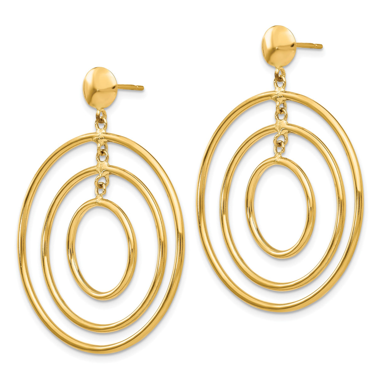 14k Yellow Gold Dangle Earrings with Triple Open Concentric Circles, Modern Geometric Design