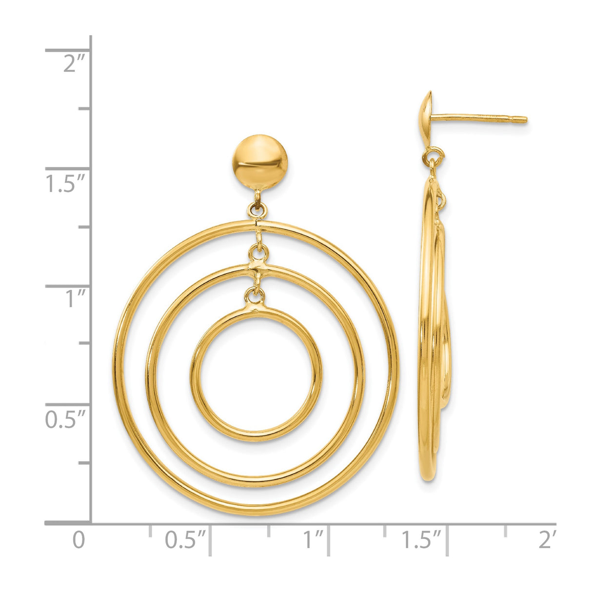14k Yellow Gold Dangle Earrings with Triple Open Concentric Circles, Modern Geometric Design