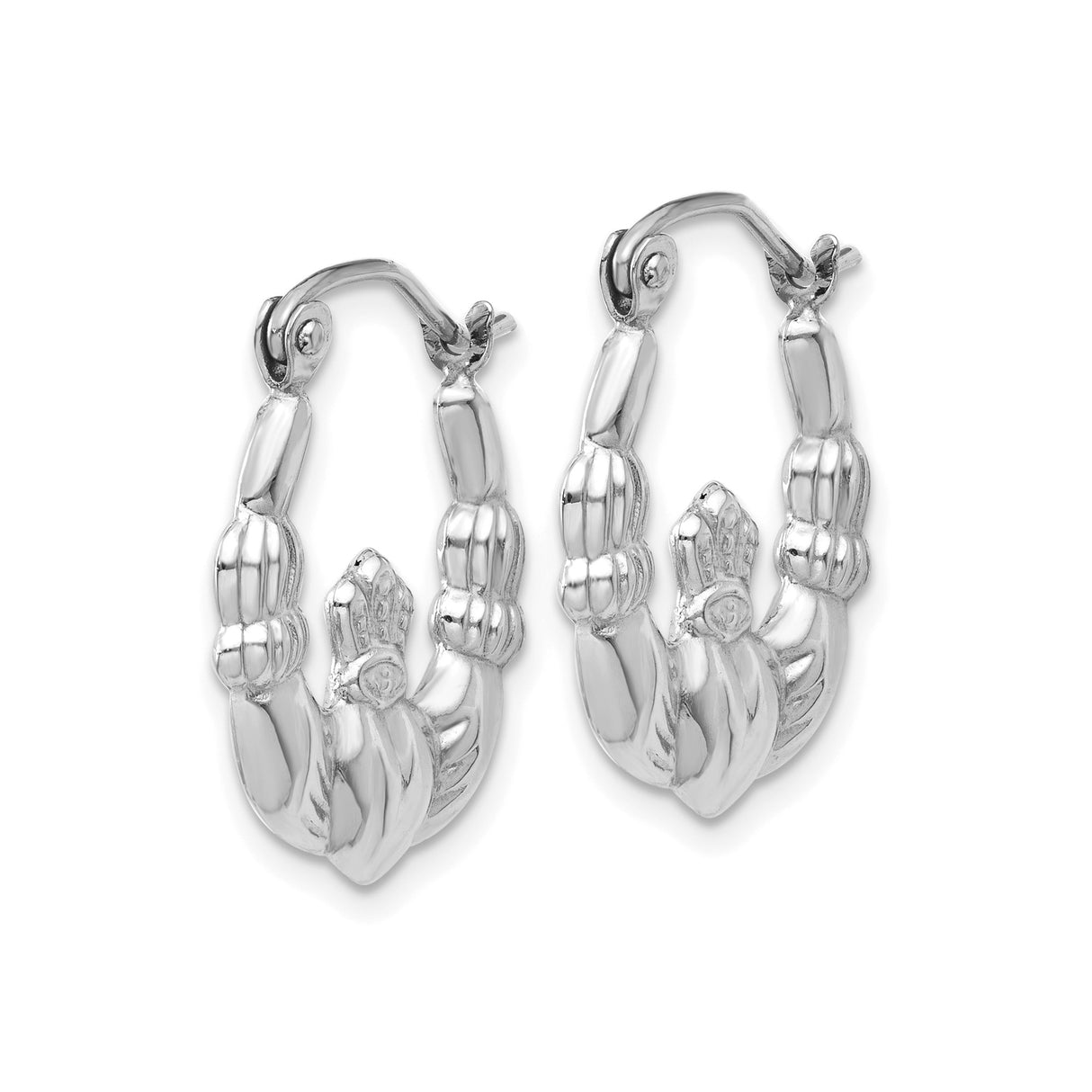 14k White Gold Claddagh Hoop Earrings with Heart, Crown and Hands Celtic Design