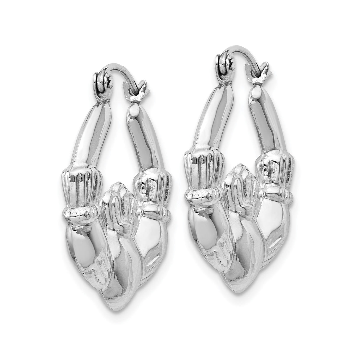 14k White Gold Claddagh Hoop Earrings, Traditional Irish Crowned Heart and Hands Design