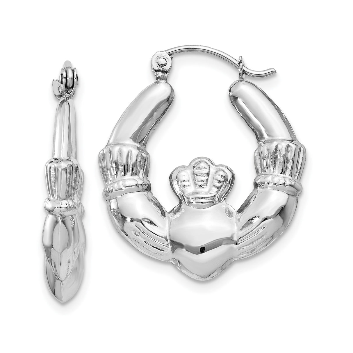 14k White Gold Claddagh Hoop Earrings, Traditional Irish Crowned Heart and Hands Design