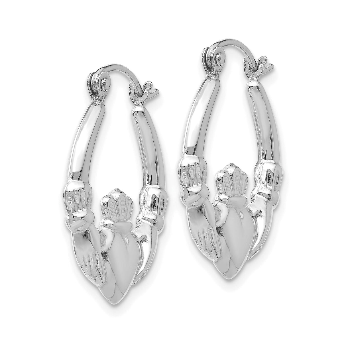 14k White Gold Claddagh Hoop Earrings with Hands, Heart, and Crown Celtic Design
