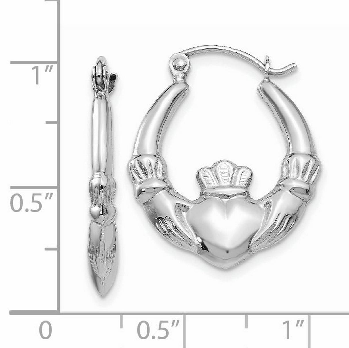 14k White Gold Claddagh Hoop Earrings with Hands, Heart, and Crown Celtic Design