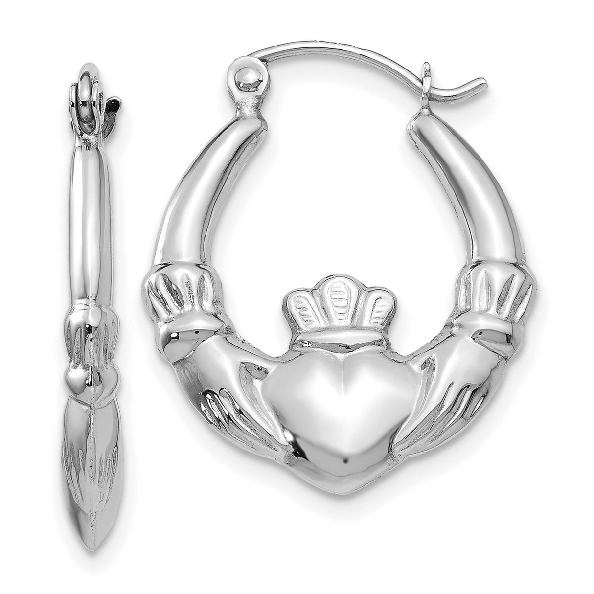 14k White Gold Claddagh Hoop Earrings with Hands, Heart, and Crown Celtic Design
