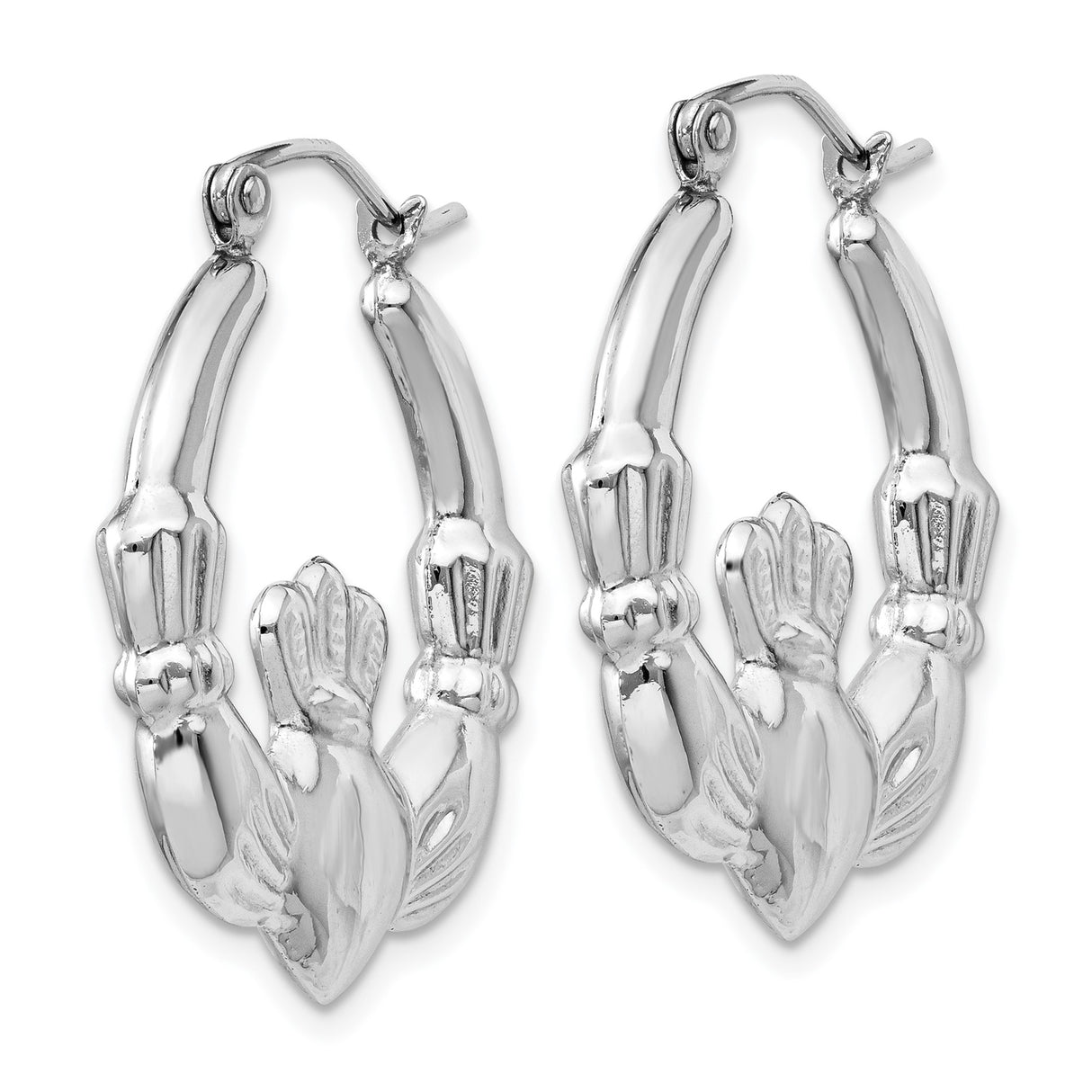 14k White Gold Claddagh Hoop Earrings with Heart, Crown and Hands Celtic Design
