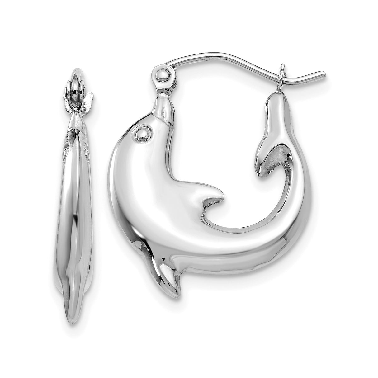 14k White Gold Dolphin Hoop Earrings, Lightweight Ocean-Inspired Nautical Design