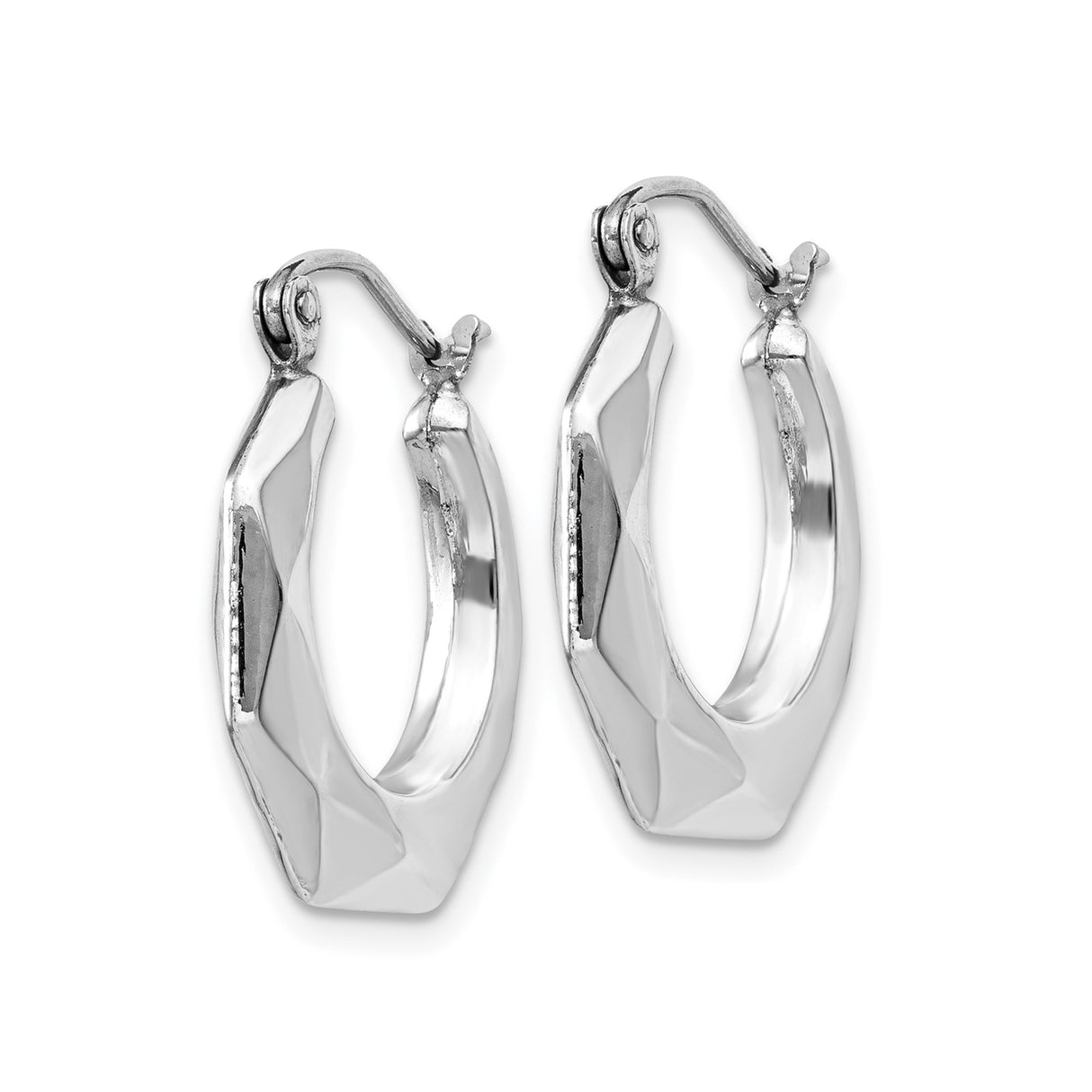 14k White Gold Hoop Earrings, Modern Faceted Geometric Design, Lightweight Minimalist Style