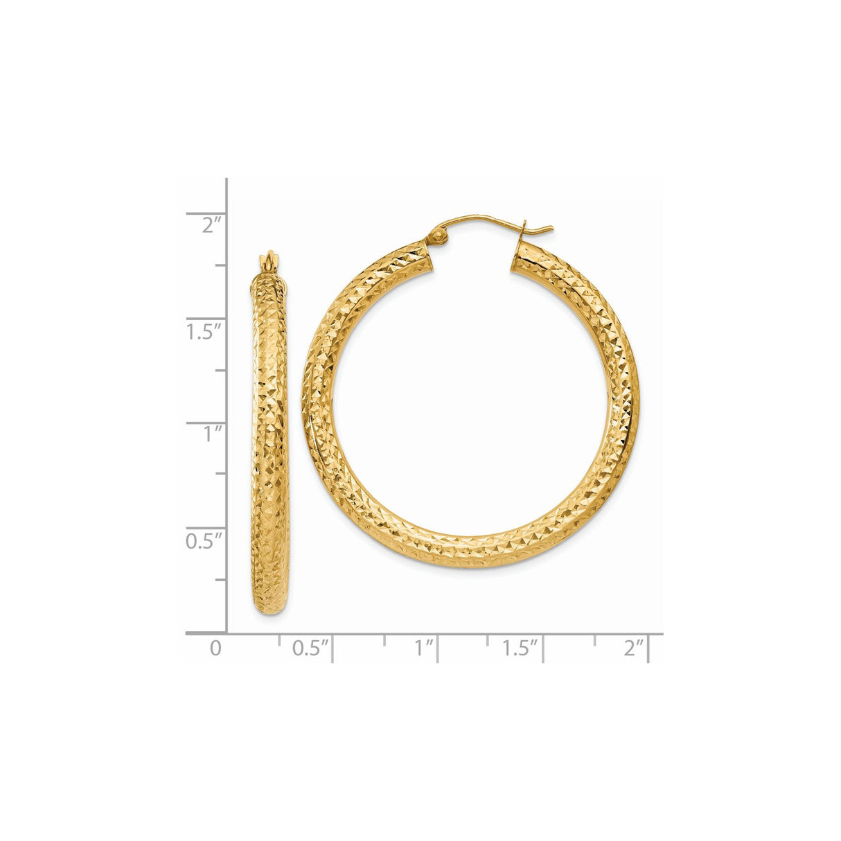 14k Yellow Gold Hoop Earrings, Diamond Cut Textured Finish, Large Lightweight Hoops for Women
