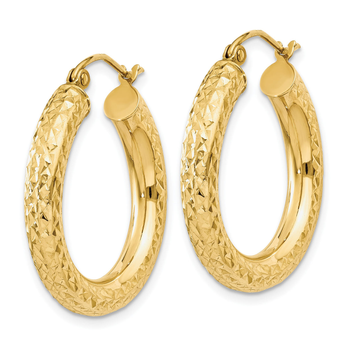 14k Yellow Gold Hoop Earrings, Textured Diamond-Cut Round Hoops with Latch Closure