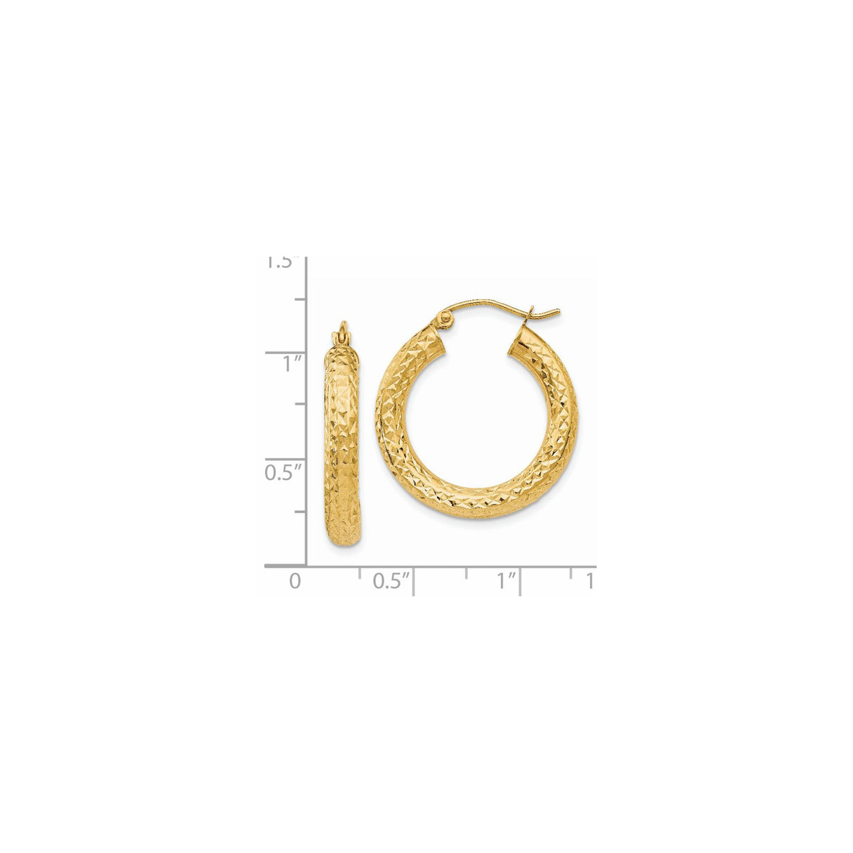 14k Yellow Gold Hoop Earrings, Textured Diamond-Cut Round Hoops with Latch Closure