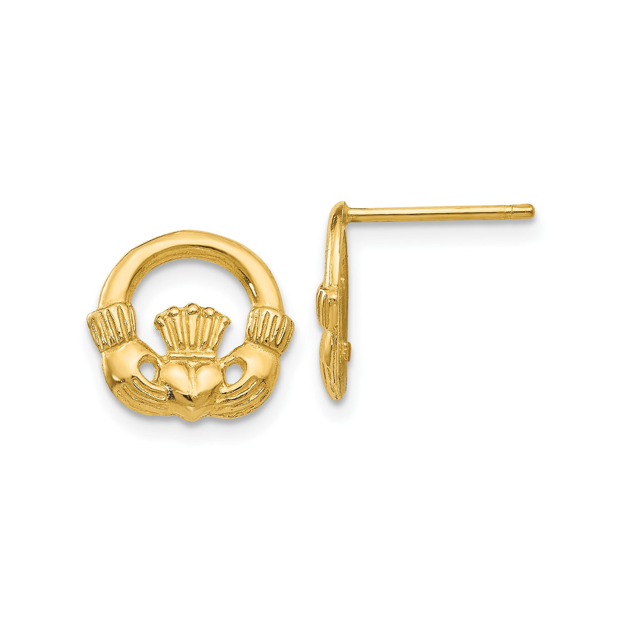 14k Yellow Gold Claddagh Stud Earrings with Heart and Crown Celtic Design for Women