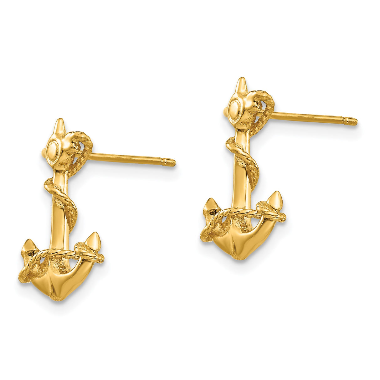 14k Yellow Gold Anchor Stud Earrings with Rope Detail, Nautical Theme