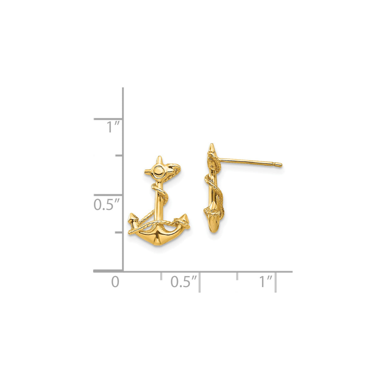 14k Yellow Gold Anchor Stud Earrings with Rope Detail, Nautical Theme