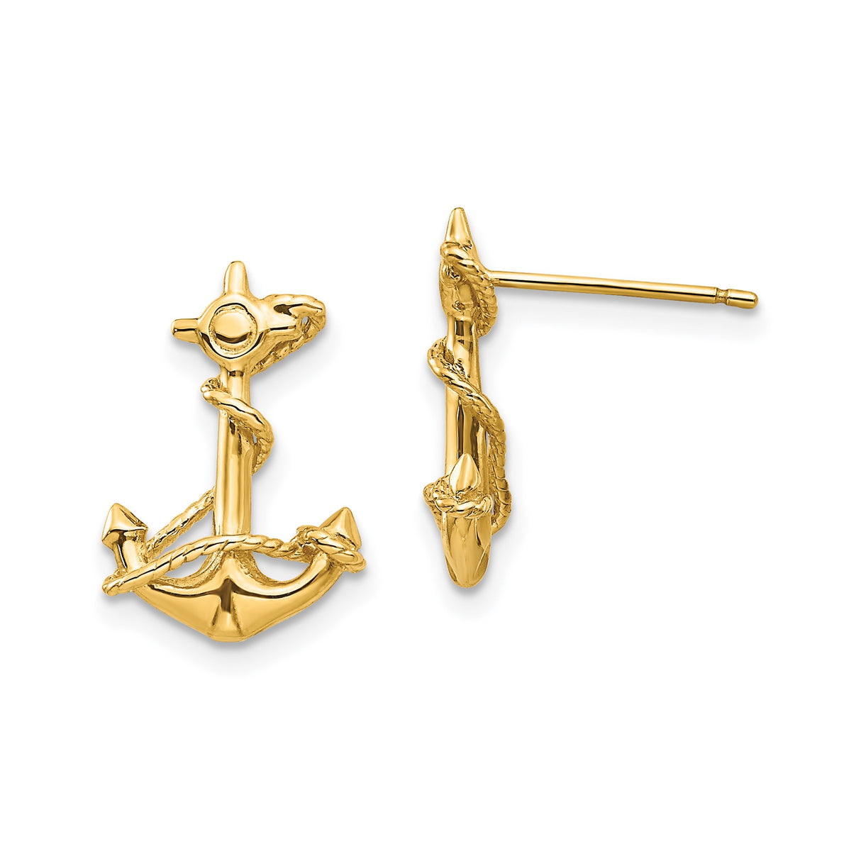 14k Yellow Gold Anchor Stud Earrings with Rope Detail, Nautical Theme