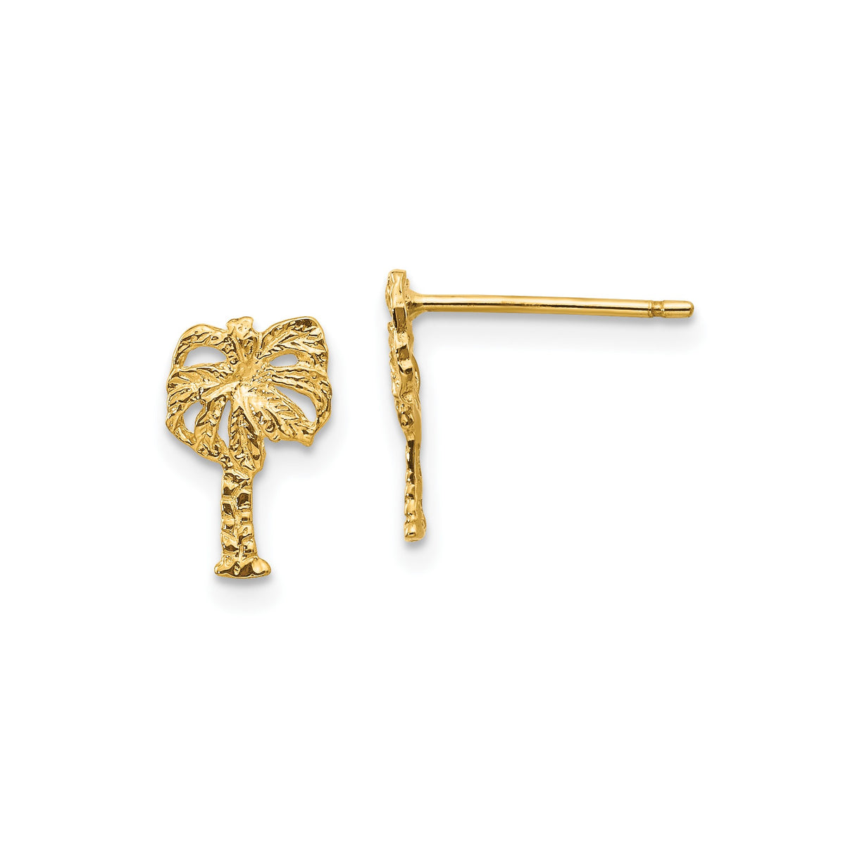 14k Yellow Gold Palm Tree Stud Earrings, Tropical Island Summer Theme for Women