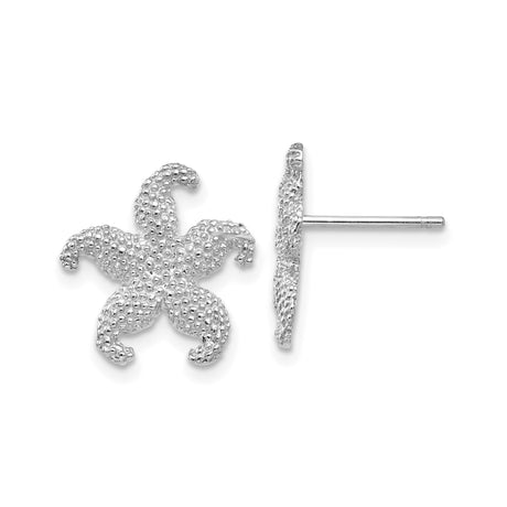 14k White Gold Starfish Stud Earrings, Textured Nautical Ocean Theme for Women
