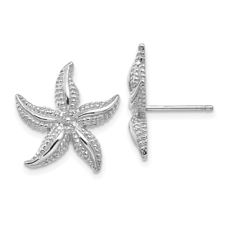 14k White Gold Starfish Stud Earrings, Textured Nautical Design, Beach Theme Jewelry for Women